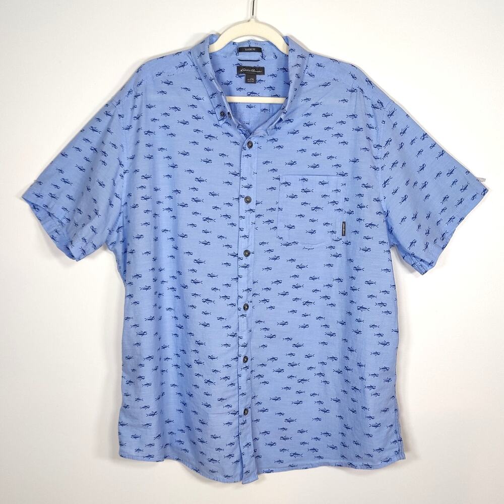 Eddie Bauer Button Down Shirt Fishing Lure Print Blue Cotton 2XL XXL